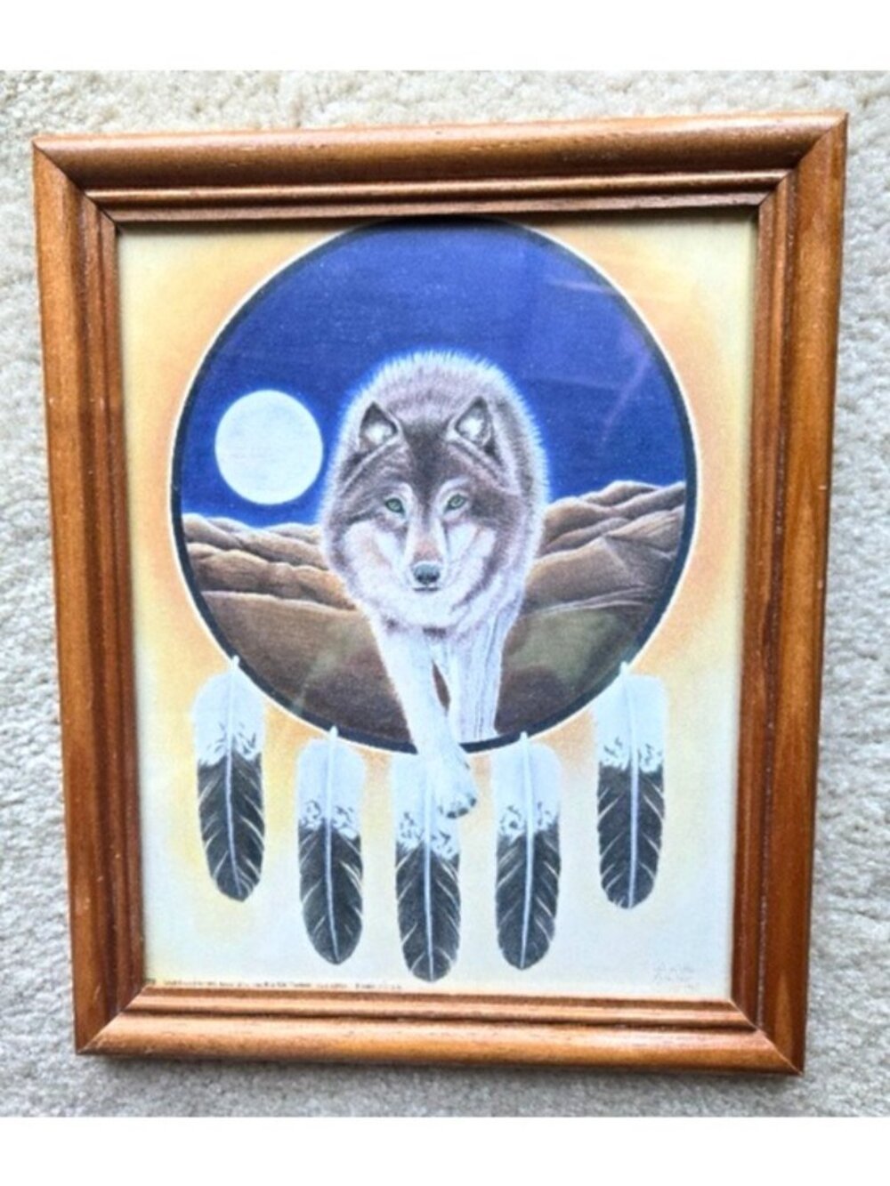1992"Lone Wolf Shield" Spirit Print Danielle Auclair Shier in Wood w/Glass Frame - Picture 1 of 5
